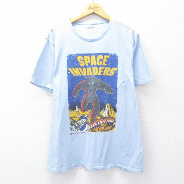 【50%OFF】XL★古着 オールドネイビー OLD NAVY 半袖 Tシャツ メンズ ゲーム スペースインベーダー コットン クルーネック 薄紺 ネイビー 25aug22 中古