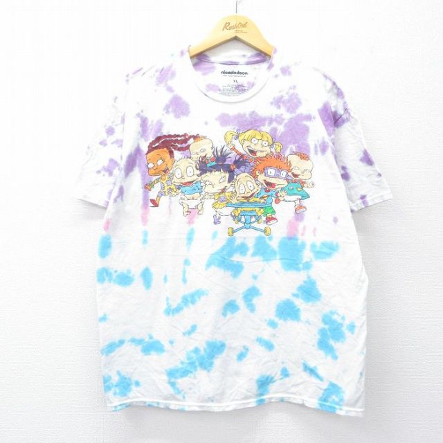XL★古着 半袖 Tシャツ メンズ アニメ ニコロデオン コットン クルーネック 白他 ホワイト タイダイ 25aug22 中古