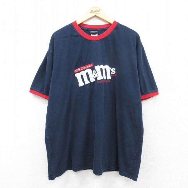 XL★古着 半袖 Tシャツ メンズ ｍ&ｍs 刺繍 大きいサイズ コットン クルーネック 紺 ネイビー リンガー 25aug23 中古