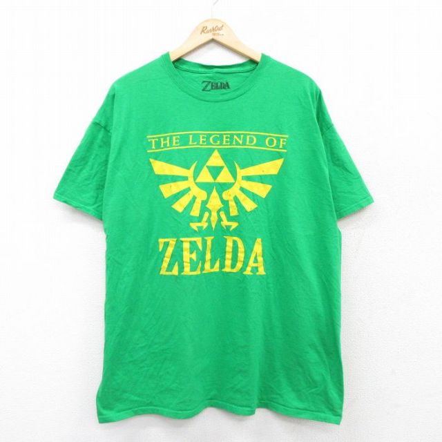 XL★古着 半袖 Tシャツ メンズ ニンテンドー ゲーム ゼルダの伝説 大きいサイズ コットン クルーネック 緑 グリーン 25aug23 中古