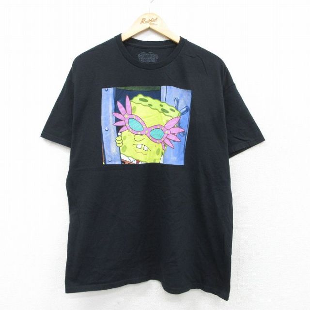 XL★古着 半袖 Tシャツ メンズ アニメ ニコロデオン スポンジボブ コットン クルーネック 黒 ブラック 25aug23 中古