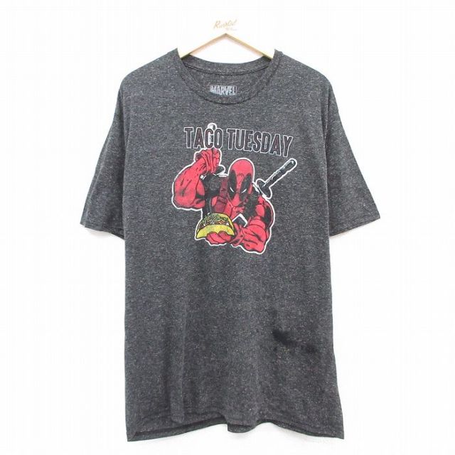 【50%OFF】XL★古着 半袖 Tシャツ メンズ マーベル デッドプール 大きいサイズ クルーネック 黒 ブラック 霜降り 25aug23 中古