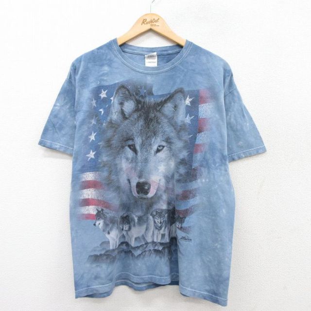 【20%OFF】L★古着 半袖 Tシャツ メンズ オオカミ コットン クルーネック 薄紺他 ネイビー タイダイ 25aug25 中古