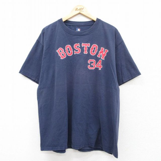 【50%OFF】XL★古着 半袖 Tシャツ メンズ MLB ボストンレッドソックス 大きいサイズ コットン クルーネック 紺 ネイビー 25aug25 中古