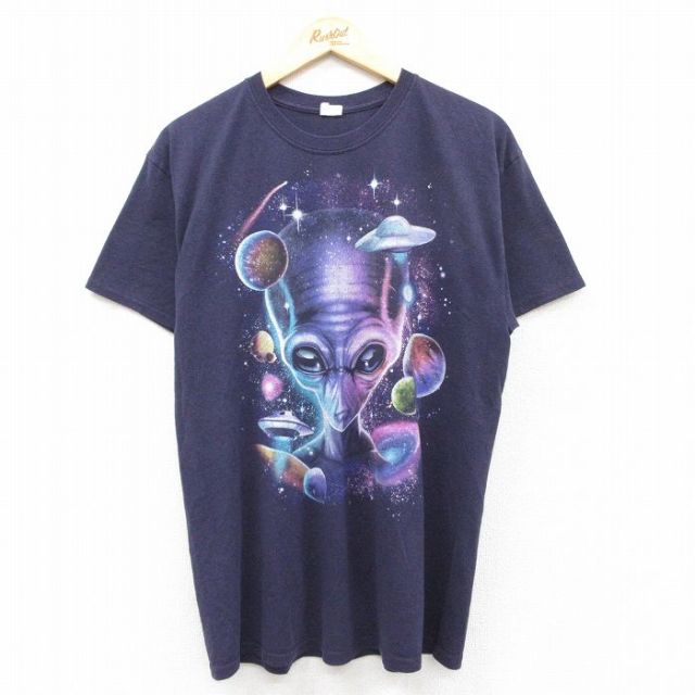 【50%OFF】L★古着 半袖 Tシャツ メンズ 宇宙人 クルーネック 紫系 パープル 霜降り 25aug25 中古