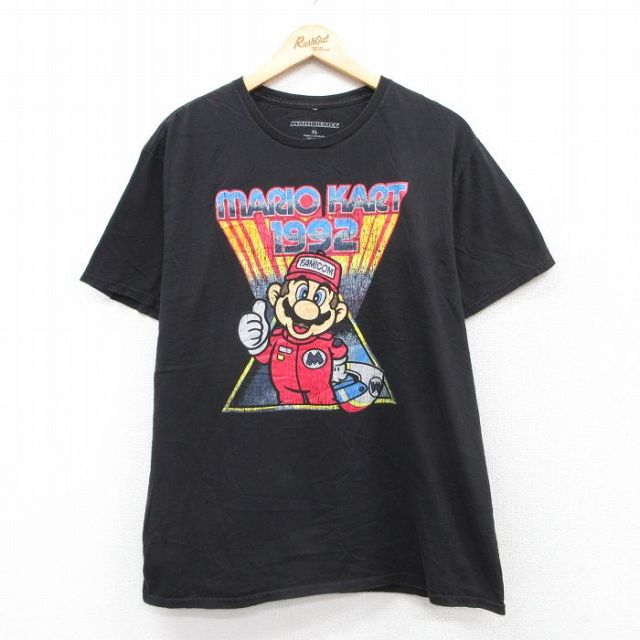 XL★古着 半袖 Tシャツ メンズ ゲーム ニンテンドー スーパーマリオ コットン クルーネック 黒 ブラック 25aug26 中古