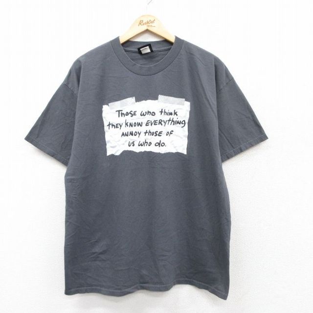 XL★古着 半袖 Tシャツ メンズ メッセージ コットン クルーネック 濃グレー 25aug26 中古