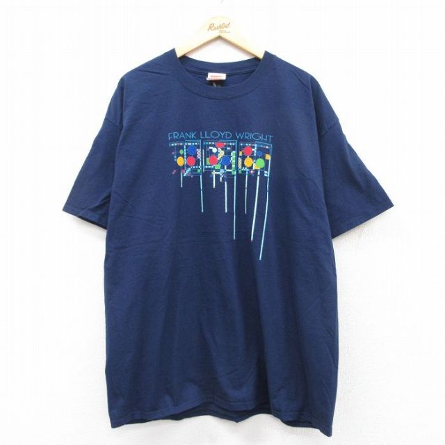 XL★古着 ヘインズ Hanes 半袖 Tシャツ メンズ フランクロイドライト アート 大きいサイズ ロング丈 コットン クルーネック 紺 ネイビー 【spe】 25aug26 中古