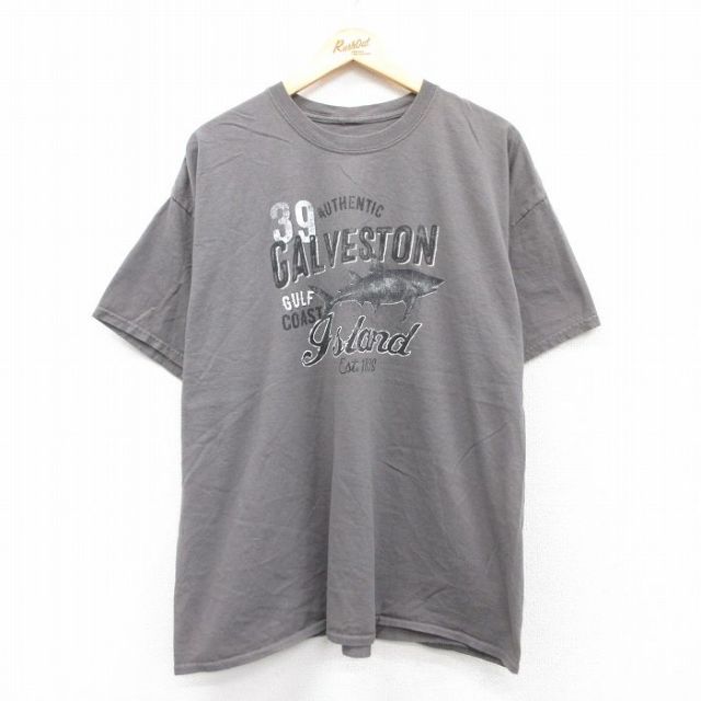【50%OFF】XL★古着 半袖 Tシャツ メンズ GALVESTON サメ 大きいサイズ クルーネック グレー系 25aug26 中古