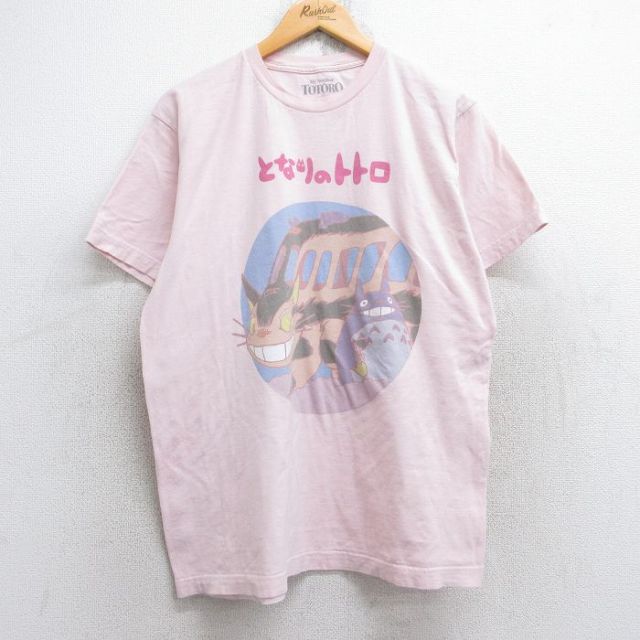L★古着 半袖 Tシャツ メンズ ジブリ となりのトトロ 猫バス コットン クルーネック 薄ピンク 【spe】 25aug28 中古