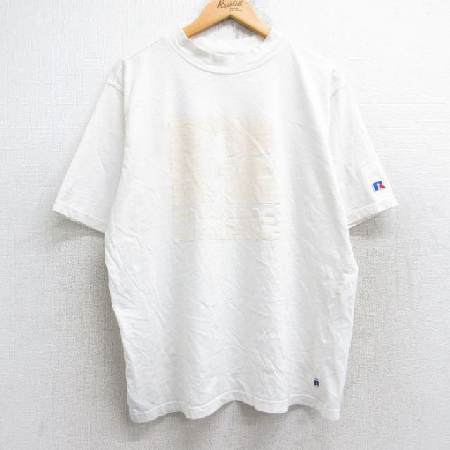 L★古着 ラッセル 半袖 Tシャツ メンズ ビッグロゴ コットン モックネック ハイネック 白 ホワイト 25aug28 中古