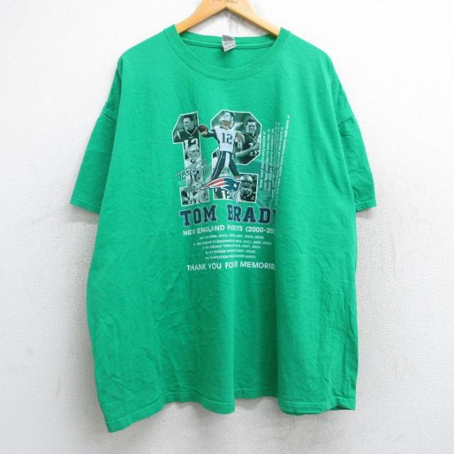 【20%OFF】XL★古着 半袖 Tシャツ メンズ NFL ニューイングランドペイトリオッツ トムブレディ 12 大きいサイズ コットン クルーネック 緑 グリーン アメフト スーパーボウル 25aug28 中古