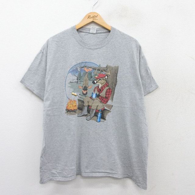 【50%OFF】XL★古着 半袖 Tシャツ メンズ シカ ハンティング クルーネック グレー 霜降り 25aug30 中古