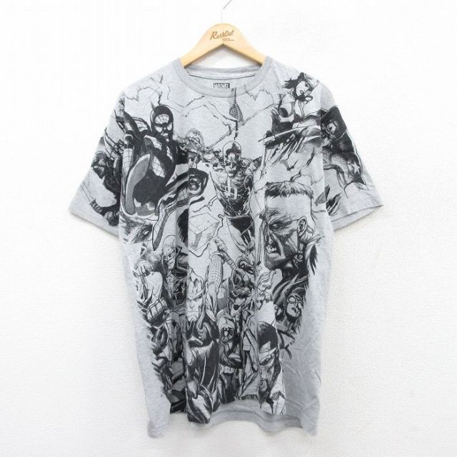 【20%OFF】XL★古着 半袖 Tシャツ メンズ マーベル スパイダーマン アイアンマン ハルク クルーネック グレー 霜降り 【spe】 25aug30 中古