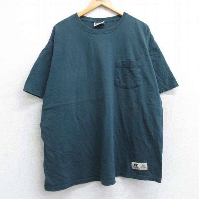 XL★古着 ラッセル 半袖 Tシャツ メンズ 無地 胸ポケット付き 大きいサイズ コットン クルーネック 緑 グリーン 25aug30 中古