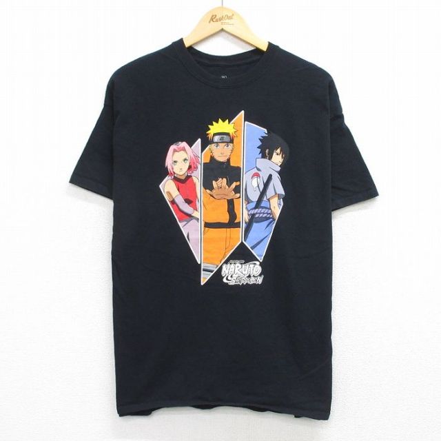 XL★古着 半袖 Tシャツ メンズ アニメ ナルト疾風伝 うずまきナルト うちはサスケ 春野サクラ コットン クルーネック 黒 26mar19