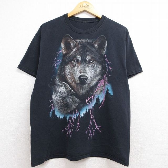 古着通販 L☆古着 半袖 Tシャツ メンズ オオカミ サンダー クルー