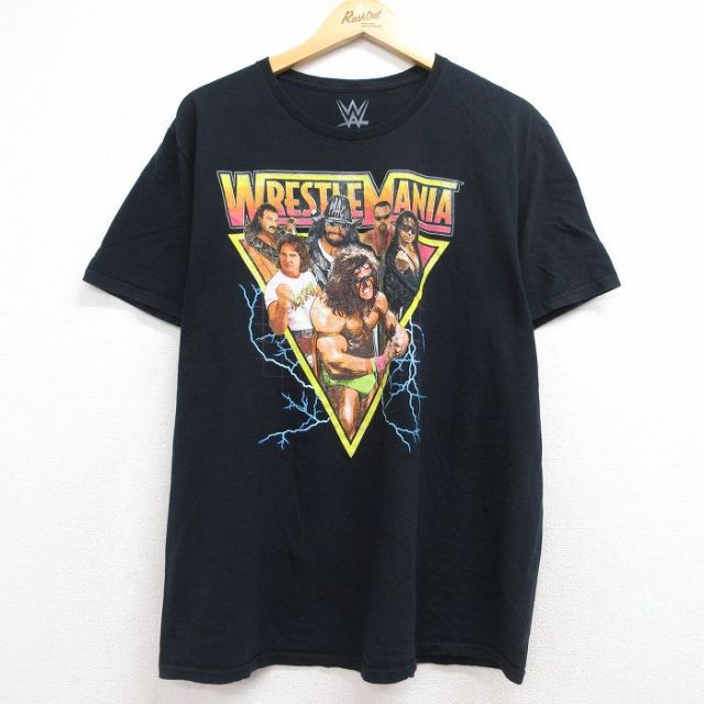 ワールドプロレスリング 半袖Tシャツ レッスルマニアプリント ブラック メンズXL相当 | 古着