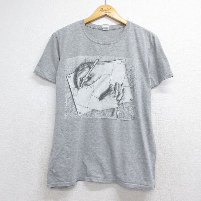 エッシャー 半袖Tシャツ 描く手 グレー メンズL相当 | 古着