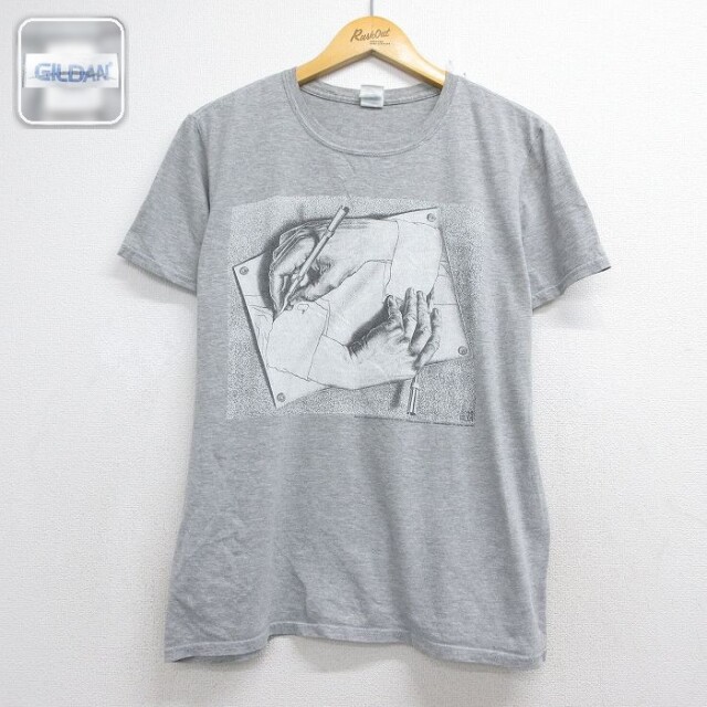エッシャー 半袖Tシャツ 描く手 グレー メンズL相当 | 古着