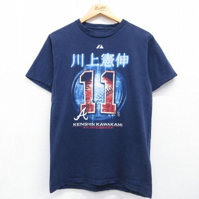 M★古着 マジェスティック 半袖 Tシャツ メンズ MLB アトランタブレーブス 川上憲伸 11 ネイビー メジャーリーグ ベースボール 野球【spe】 26jul09