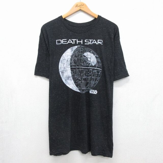 XL★古着 半袖 Tシャツ メンズ スターウォーズ デススター 大きいサイズ クルーネック ブラック 霜降り 26jul10
