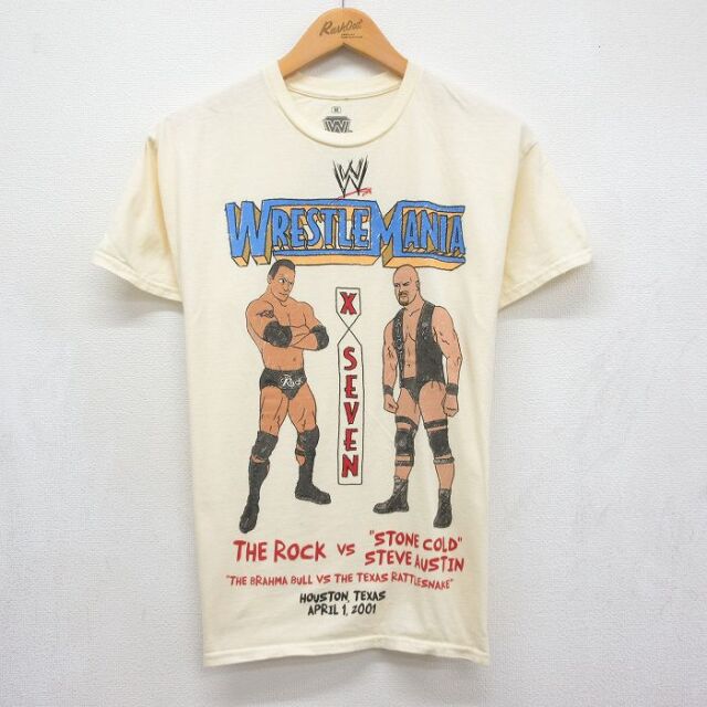 ワールドプロレスリング 半袖Tシャツ ザロック ストーンコールドプリント ベージュ メンズM相当 | 古着
