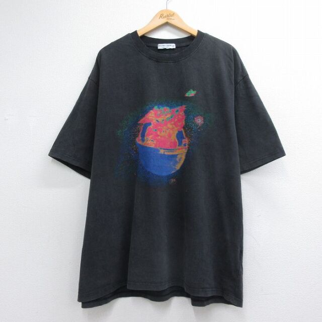 XL★古着 半袖 Tシャツ メンズ 大きいサイズ ロング丈 コットン クルーネック ブラック 26jul17