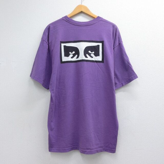 XL★古着 オベイ OBEY 半袖 Tシャツ メンズ ビッグロゴ 大きいサイズ コットン クルーネック パープル 26jul21