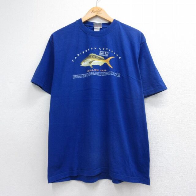 L★古着 半袖 Tシャツ メンズ 魚 コットン クルーネック ブルー 26jul21
