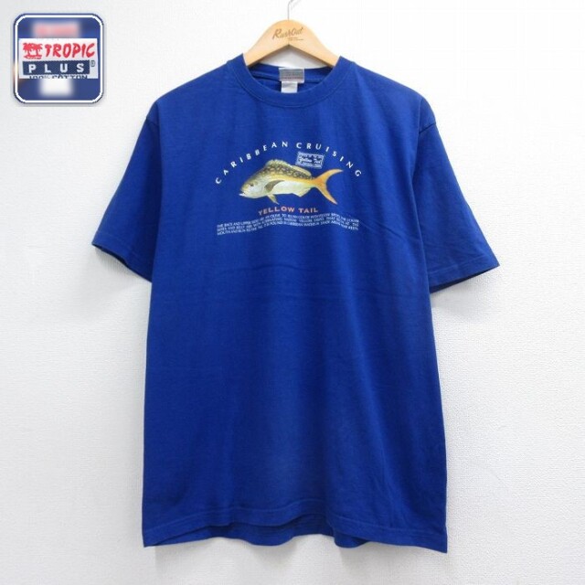 半袖 Tシャツ 魚 コットン クルーネック ブルー メンズL相当 | 古着