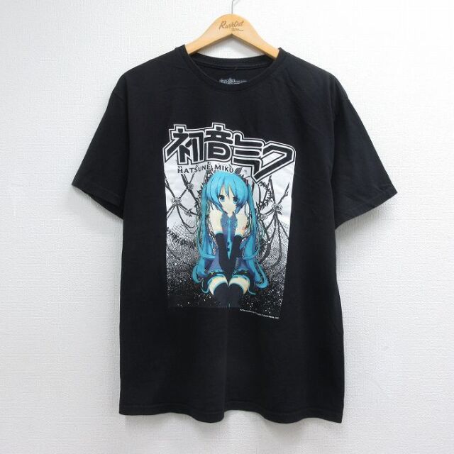 L★古着 半袖 Tシャツ メンズ 初音ミク コットン クルーネック ブラック 26jul21