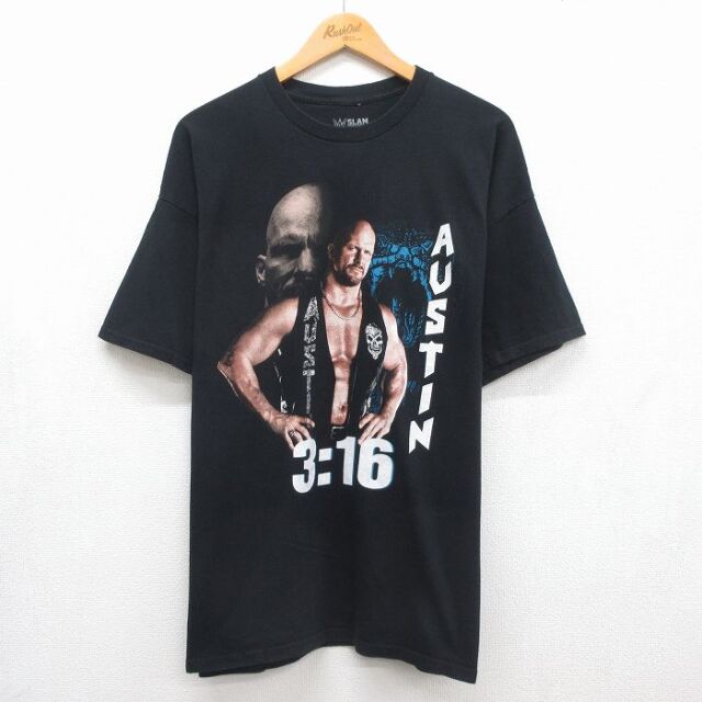ワールドプロレスリング 半袖Tシャツ スティーブンオースチンプリント ブラック メンズXL相当 | 古着