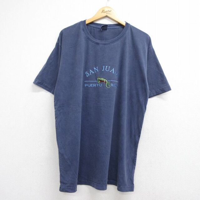 イグアナ 半袖Tシャツ 刺繍 ネイビー メンズXL相当 | 古着