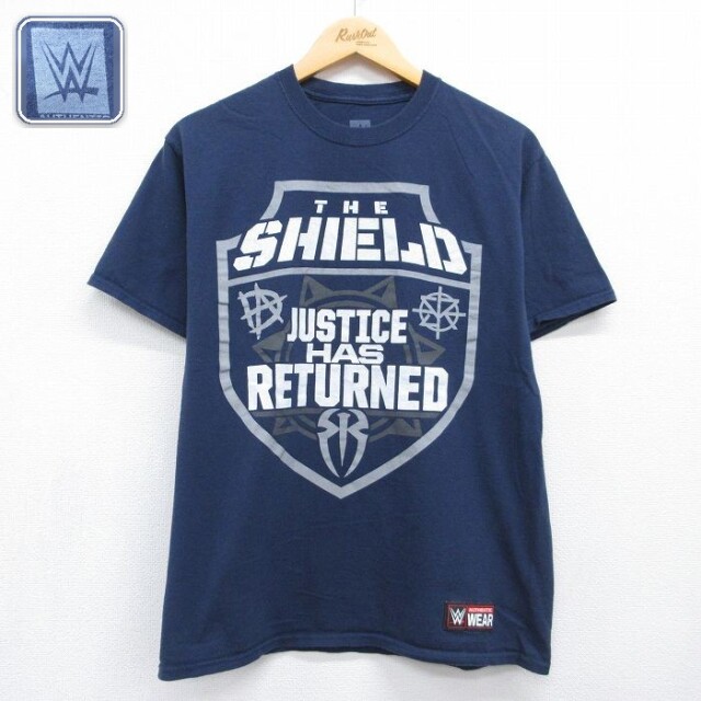 ワールドプロレスリング 半袖Tシャツ THE SHIELDプリント ネイビー メンズM相当 | 古着