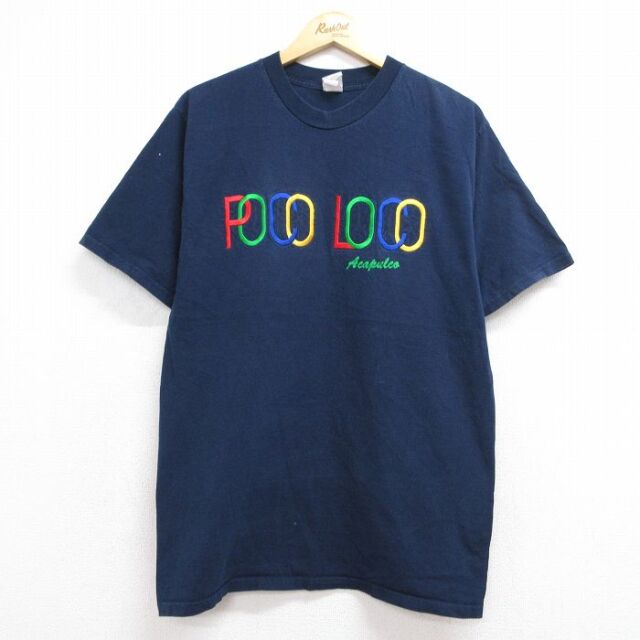 L★古着 半袖 Tシャツ メンズ FOCO 刺繍 クルーネック ネイビー 26aug07