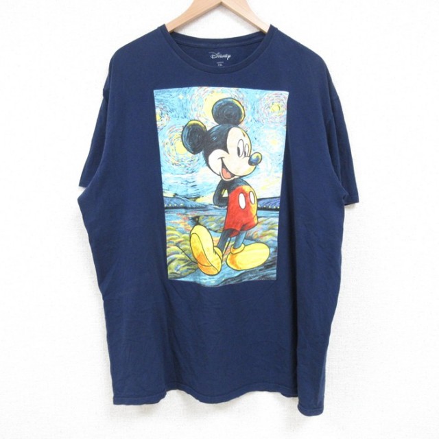 XL★古着 半袖 Tシャツ メンズ ディズニー DISNEY ミッキー MICKEY MOUSE 大きいサイズ コットン クルーネック 紺 ネイビー 25apr19 中古