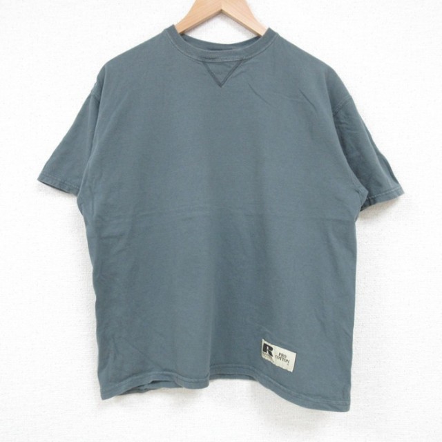 L★古着 ラッセル 半袖 Tシャツ メンズ 無地 クルーネック 濃緑 グリーン 25apr19 中古