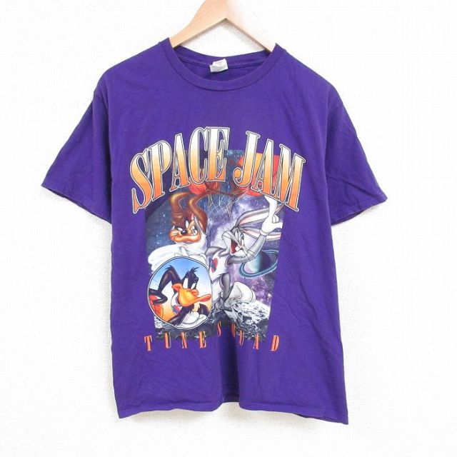 XL★古着 半袖 Tシャツ メンズ ルーニーテューンズ LOONEY TUNES タズ バッグスバニー スペースジャム コットン クルーネック 紫 パープル 25apr23 中古