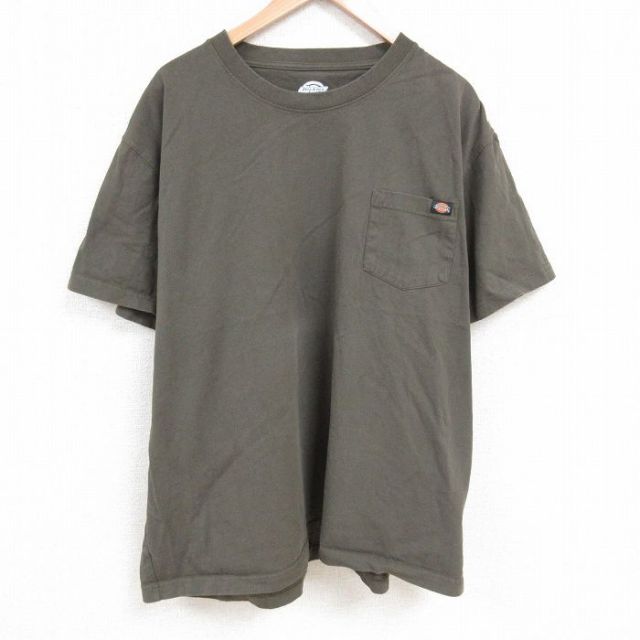 XL★古着 ディッキーズ Dickies 半袖 Tシャツ メンズ 胸ポケット付き 大きいサイズ コットン クルーネック 緑 グリーン 25apr23 中古