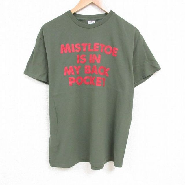 XL★古着 半袖 Tシャツ メンズ MISTLETOE メッセージ コットン クルーネック 緑 グリーン 25apr23 中古