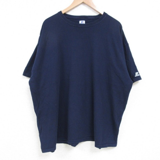 XL★古着 ラッセル 半袖 Tシャツ メンズ 無地 大きいサイズ クルーネック 紺 ネイビー 【spe】 25apr24 中古