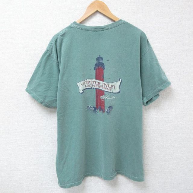 XL★古着 半袖 Tシャツ メンズ 灯台 コットン クルーネック 薄緑 グリーン 25apr25 中古