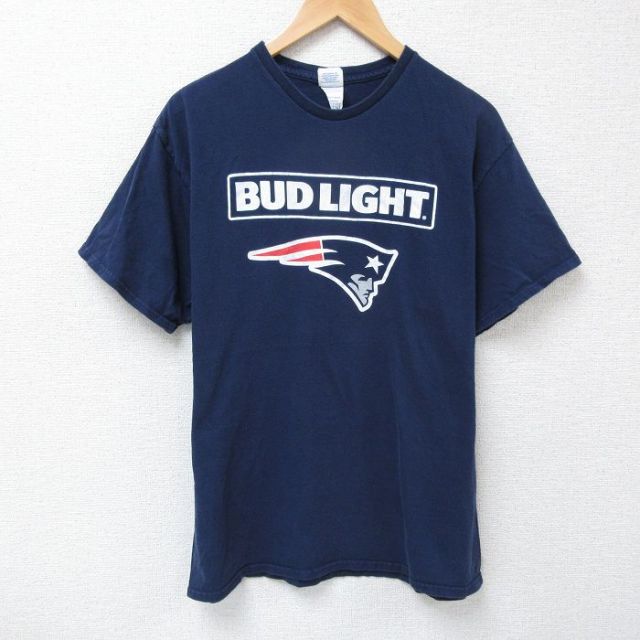 【50%OFF】L★古着 半袖 Tシャツ メンズ NFL ニューイングランドペイトリオッツ バドライト ビール コットン クルーネック 紺 ネイビー アメフト スーパーボウル 25apr25 中古