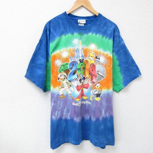 XL★古着 半袖 Tシャツ メンズ ディズニー DISNEY ミッキー MICKEY MOUSE グーフィー 大きいサイズ コットン クルーネック 薄紺 ネイビー タイダイ 25apr25 中古