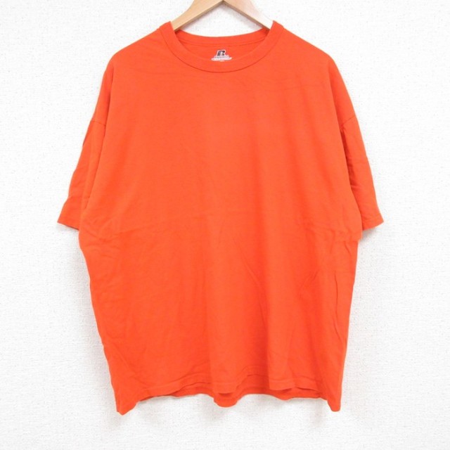 【20%OFF】XL★古着 ラッセル 半袖 Tシャツ メンズ 無地 大きいサイズ クルーネック オレンジ 25jun04 中古