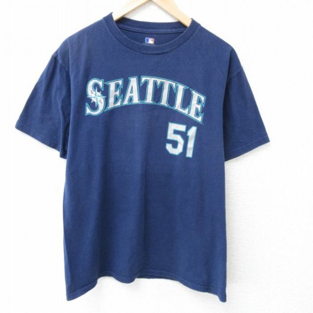L★古着 半袖 Tシャツ メンズ MLB シアトルマリナーズ イチロー コットン クルーネック 紺 ネイビー メジャーリーグ ベースボール 野球 【spe】 25jun05 中古