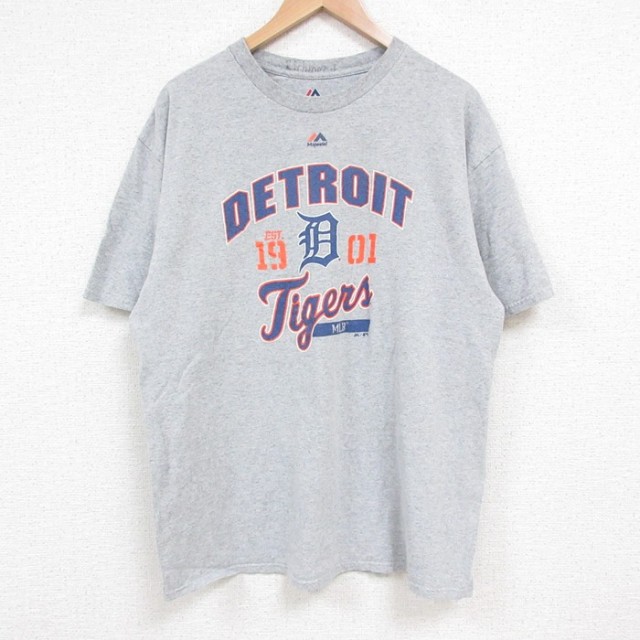 L★古着 マジェスティック 半袖 Tシャツ メンズ MLB デトロイトタイガース クルーネック グレー 霜降り メジャーリーグ ベースボール 野球 25may17 中古