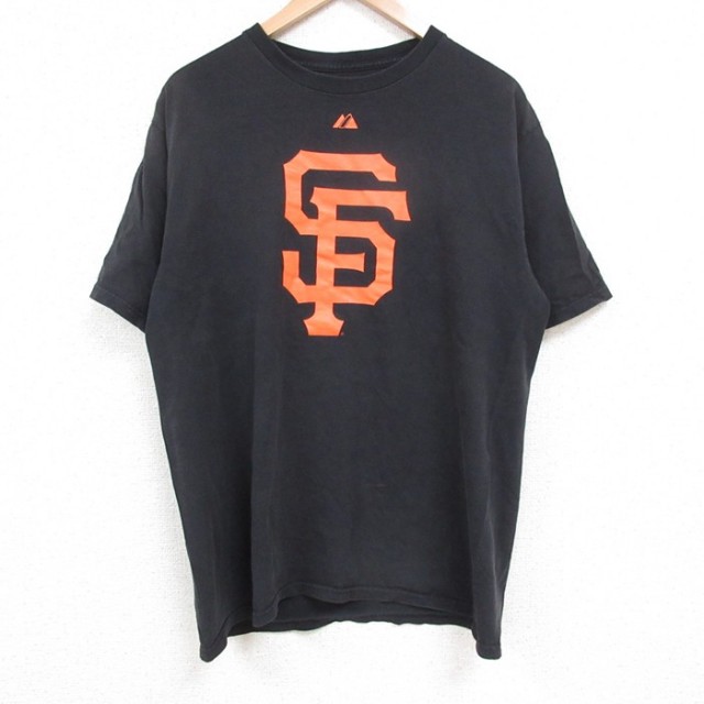 L★古着 マジェスティック 半袖 Tシャツ メンズ MLB ニューヨークジャイアンツ コットン クルーネック 黒 ブラック メジャーリーグ ベースボール 野球 25may17 中古