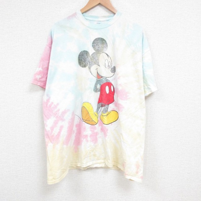 XL★古着 半袖 Tシャツ メンズ ディズニー DISNEY ミッキー MICKEY MOUSE 大きいサイズ コットン クルーネック 白他 ホワイト タイダイ 25may17 中古